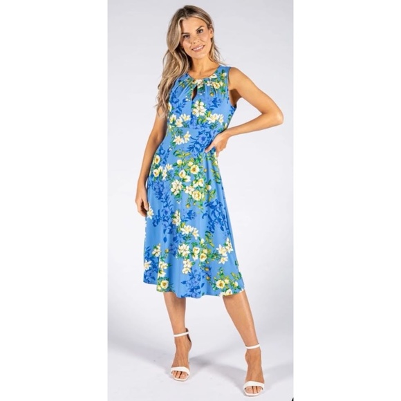 London Times Dresses & Skirts - London Times Women's Blue Floral-Print Pleated Keyhole-Neck Midi Dress Size 10
